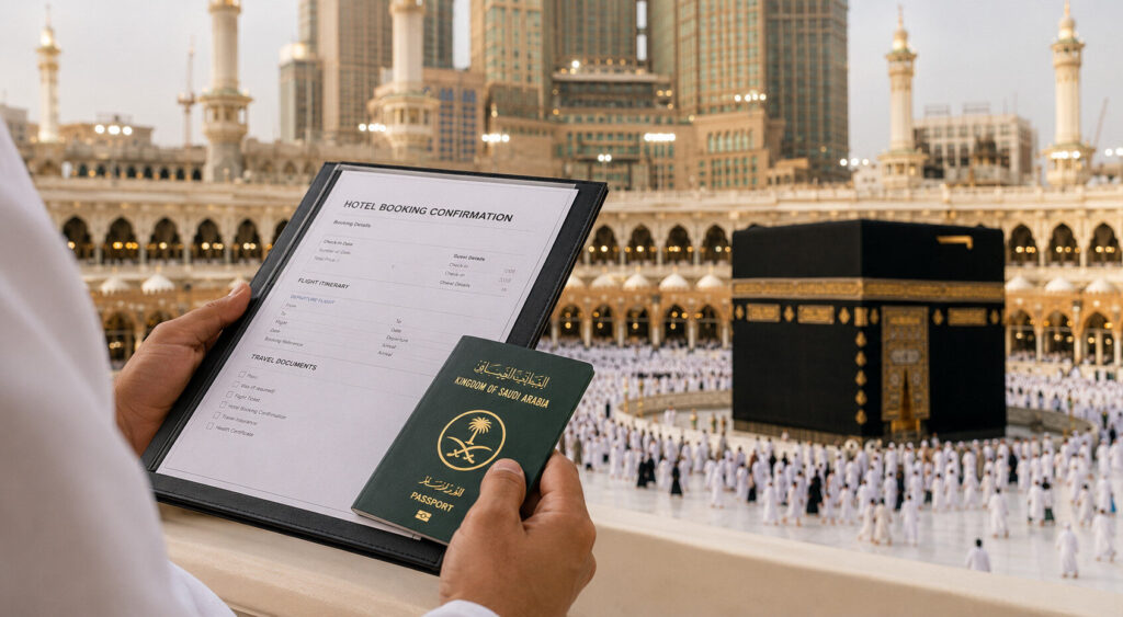 Traveller preparing Umrah visa and travel documents